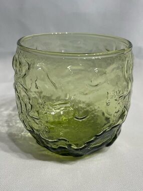4” 60s-70s Anchor Hocking Milano Green roly-poly rocks glasses crinkle finish